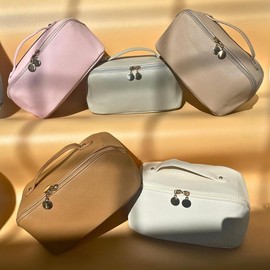 Large Capacity Travel Cosmetic Bag, Travel Makeup Bag,  Opens Flat for Easy Access, Toiletry Bag for Women, Vegan Leather, Multifunctional - Color: CREAM Dual Zippers