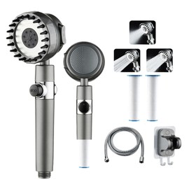 Filtered Shower Head with Handheld, Ion Shower Drops Heads with Hose, 3-Mode High Pressure Shower Head for Hard Water, 360° Rotating Nozzle with Back Scrubber, 2 Filter Replacement, Grey