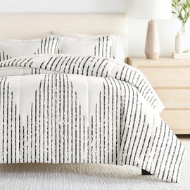 LINENS & HUTCH Bedding Bundle, Patterned Microfiber Comforter Set and Solid Sheet Set - Full Diamond Stripe Gray