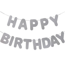 MASTRON Pre-Strung Happy Birthday Banner - No DIY - Felt Glitter Silver Happy Birthday Sign for Backdrop Men & Women Party Decorations - No Assembly Reusable Garland on 7.2 ft Strands