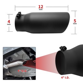 Richeer 4 to 5 inch Exhaust Tip, 4" inlet 5" Outlet 12" Overall Length Stainless Steel Exhaust Tip Black Powder Coated Finish Universal for Vehicles with 4" O.D. Exhaust Tailpipe, Rolled Edge, Bolt on