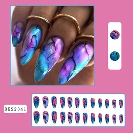 24Pcs Medium Press on Nails Almond Shape Fake Nails with Designs Glossy Glue on Nails Full Cover Acrylic Nails Colorful Marble Artificial False Nails for Women Girls Manicure Decorations