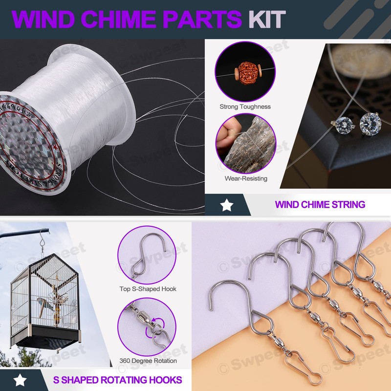 Swpeet 61pc Wind Chime Tubes & Wire Kit with Swivel