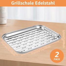 Oungy Set of 2 Reusable Rectangular Stainless Steel Grill Trays Set, Perforated Grill Tray, 34.5 x 24.5 x 2.5 cm, Grill Trays for Gas Grill and Charcoal Grills, Meat Vegetables