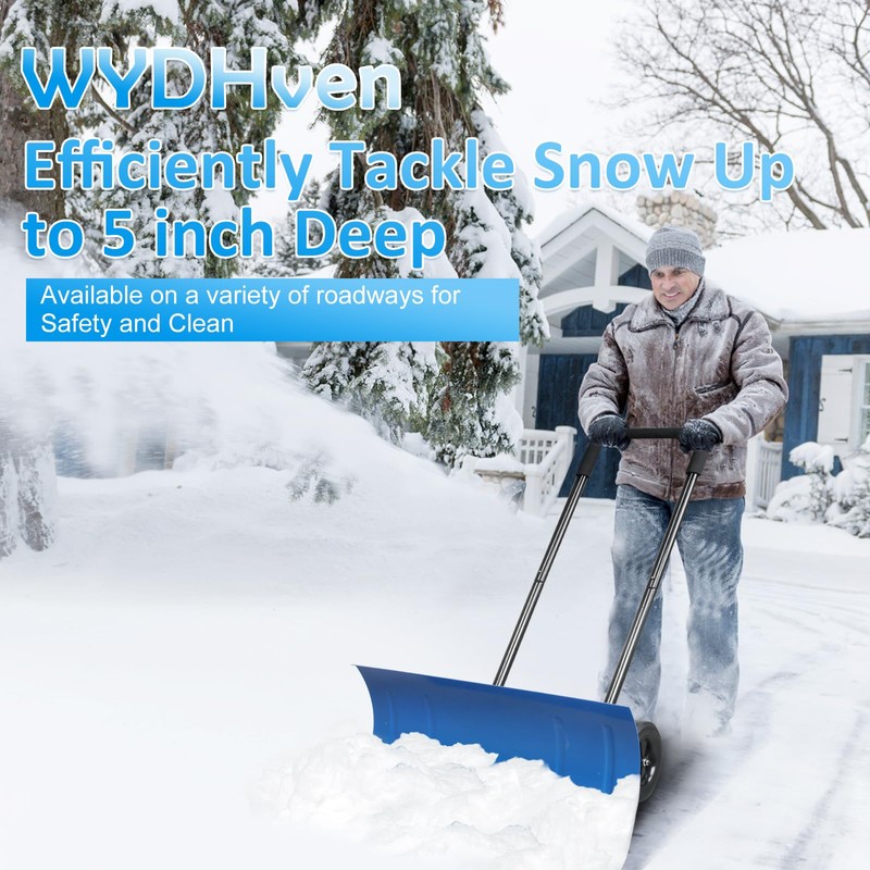 WYDHven Snow Shovel Pusher, 29.13-inch Metal Snow Pusher with Wheels