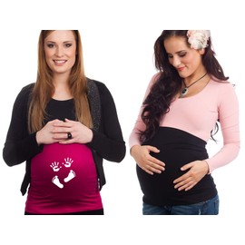 Mamaband Pregnancy Belly Band for Baby Ball in Double Pack 1 x Plain 1 x Print - Back Warmer and Shirt Extension for Pregnant Women - Elastic Maternity Wear, Magenta/Black