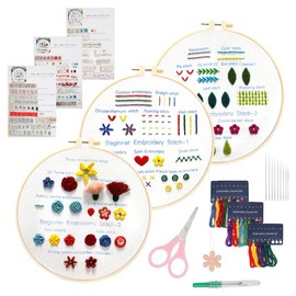 3 Pieces Cross Stitch Kits with 3 Embroidery Floral Patterns, 1 Embroidery Hoop, Beginner Embroidery Set, with Pattern and Instructions, Various Stitches Embroidery Set for DIY Art, Crafts, Sewing