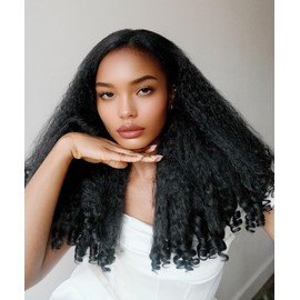 Afro Curly V Part Wig Synthetic Yaki Curly Half Wigs for Black Women Glueless U Part Wig with Bottom Bouncy Curls Blowout 4c Hair Style Natural Black 22 Inch