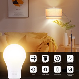 MXhme A19 LED Light Bulbs with Remote Control, 800LM 9W (60W Equivalent) Bulbs,Stepless Dimmable 3000K-6000K,E26 Base,CRI 80+,2.4GHz,25000+ Hours Lifespan,Light Bulb for Home Decor,2Bulb & 1Remote