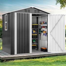 DWVO 6x4ft Metal Outdoor Storage Shed with Window, Lockable Tool Storage Sheds, Steel Garden Sheds with Sloped Roof for Backyard, Patio, Garage, Lawn, Gray + White
