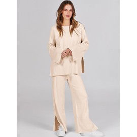 ANRABESS Womens 2 Piece Outfits Oversized Knit Sweater Set Wide Leg Pant Cozy Lounge Matching Pajama Sets 2024 Trendy Clothes Apricot Medium