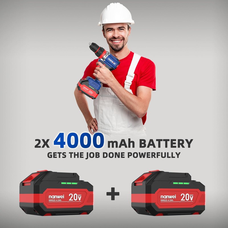 NANWEI Hammer Drill,1100 in-lbs, 26000BPM, 2x4.0Ah Batteries, Brushless