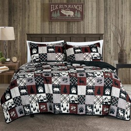 Chezmoi Collection Vista 3-Piece Southwestern Cabin Lodge Quilt Set - Red White Black Gray Grizzly Bear Pinecone Tree Moose Printed Microfiber Bedspread Set, Queen (100" x 95")