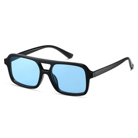 ailov 70s Retro Sunglasses for Mens Womens Classic Double Bridge Rectangle Glasses Vintage Square Aviators A8282 (Black/Blue)