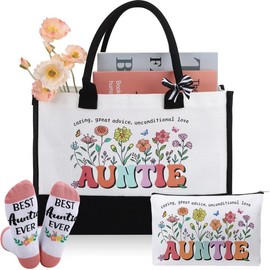 ViEinkaufen Auntie Gifts Birthday Gifts for Auntie Canvas Flower Tote Bag for Shopping Women's Socks Reusable Makeup Bag Aunt Present Thank You Presents for Women