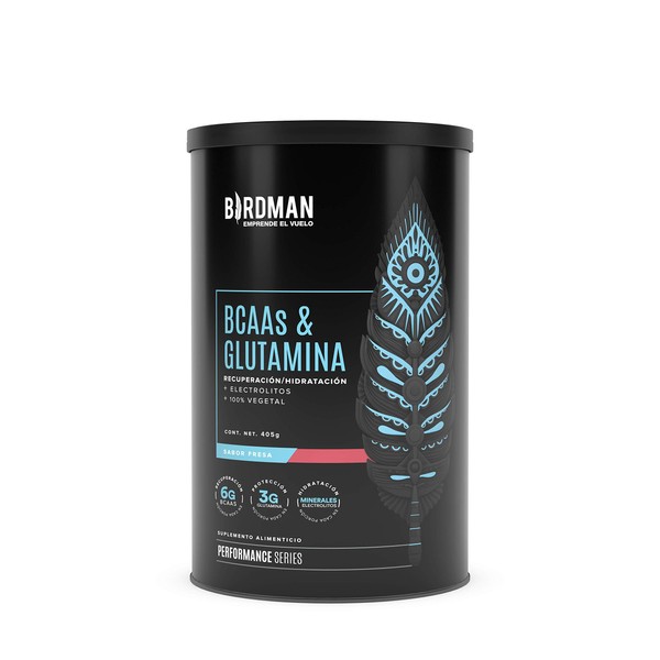 Birdman BCAAs + L-Glutamina Ratio (BCAA 2:1:1) 100% Vegetal, (Vegano), 0 Carbohidratos, con Vitamina B12, Minerales, Vitamina C, Sabor Fresa | 30 servicios | 405g