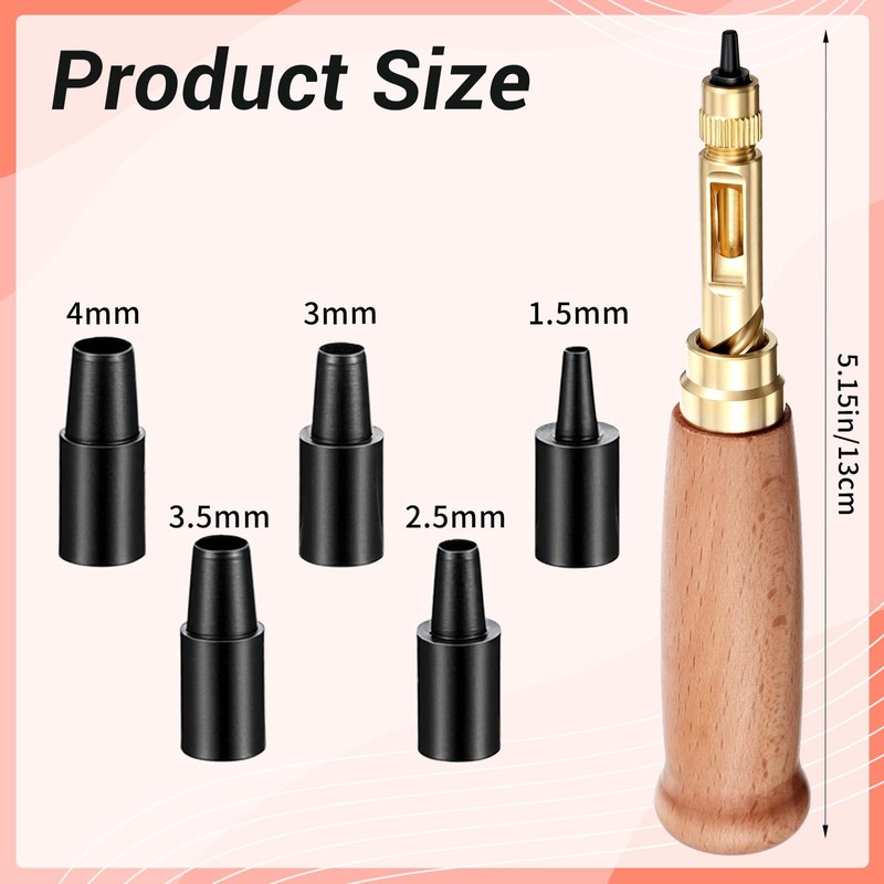 Leather Hole Punch, Adjustable Japanese Screw Punch with Wooden Handle,