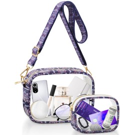 KETIEE Clear Purses for Women: Stadium Approved Clear Crossbody Bag | 2 in 1 Set Clear Clutch Bag with Adjustable Strap for Concerts Work (Purple Retro)