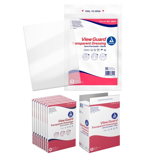 Dynarex View Guard Transparent Dressings, Sterile Wound Dressing, Breathable Barrier, Easily Conforms to Body Contours, 6” x 8”, 1 Case - 8 Boxes of 10 Dressings