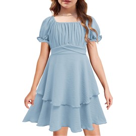 Arshiner Girls Summer Dress Chiffon Square Neck Lantern Sleeve Ruffle Midi Party Dress Light Blue 9-10 Years
