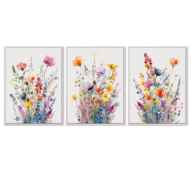 Pinetree Art Watercolor Wildflower Wall Art, 3-Piece Canvas Print Set, Floral Prints for Living Room, Bedroom, Bathroom Decor (White, 16L x 12W, Framed)