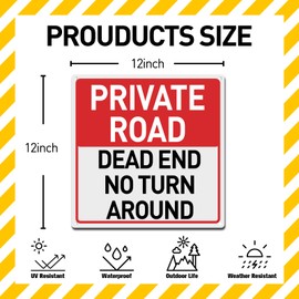 BTHUKO “Private Road - Dead End, No Turn Around” Metal Sign 12 x 12 inch