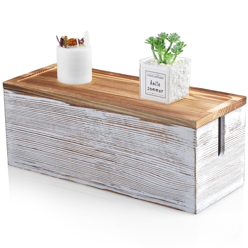 Large Cable Management Box, White Washed Wood Cord Organizer Box