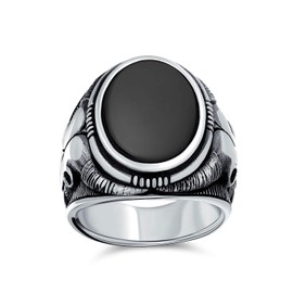 Men's Signet Ring with Brown Tiger's Eye Black Onyx Oval Gemstones in Western Style with Texas Longhorn Buffalo Skull Antelope Goat Head Made of .925 Sterling Silver Made in Turkey, Sterling Silver,