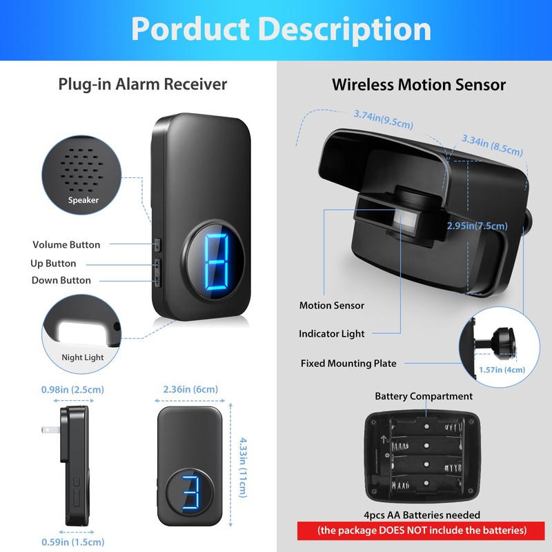 Wireless Driveway Alarm, Outdoor Weatherproof Motion Sensor & Detector with