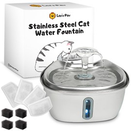 Leo's Paw Stainless Steel Cat Water Fountain 101oz/3L Food-Grade 304 Material Automatic Water Dispenser w/Water Level Window Multi-Layer Filter Ultra Quiet & Peaceful Flow (Fountain + 4 Filters)