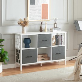 HOMISSUE 6 Cube Storage Organizer Shelf, Rustic Short Bookshelf with 3 Storage Bins, Industrial Horizontal Bookshelf with Metal Frame, Low and Wide Cube Bookcase for Living Room and Office, White