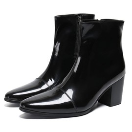 Mens Boots Casual Patent Leather Chelsea Dress Boots Zipper on Side Mid Calf Boots for Men Black 6