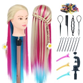 Mannequin Head with Hair, 29'' Training Head Braiding Doll Head for Hair Styling Manikin Cosmetology Mannequin Head Practice Model Head with Clamp Holder(Colorful)