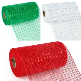 tenn well 3 Rolls Poly Mesh Ribbon for Wreath Making, 6 Inch x 10 Yards Red Green White Stripe Deco Mesh Rolls for Wreaths, Swags and Christmas Decoration