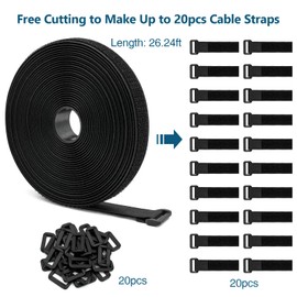 26ft Cut-to-Length Cable Straps 1in Wide with 20pcs Plastic Buckles, Adjustable Cinch Strap Free Cutting, Reusable Hook and Loop Straps for Fastening Cable Ties, Cord Straps, Wire Management