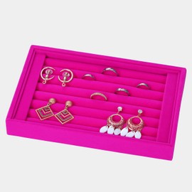 Velvet 7 Slots Ring Earrings Trays Showcase Display Jewelry Organizer (Fuchsia)