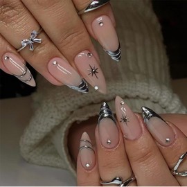 NBNTGH Silver Press on Nails Medium Almond Fake Nails Nude Glossy False Nails with Design Shiny Rhinestone Glue on Nails Reusable Artificial Acrylic Full Cover Star Stick on Nails for Women Manicure 24Pcs