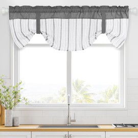 FRAMICS Tie Up Valance for Kitchen Grey Striped Kitchen Curtain 18 Inch Length Farmhouse Valance for Windows Rod Pocket Light Filtering Short Curtain for Bathroom, Cafe, 1 Panel, 52'W x 18" L