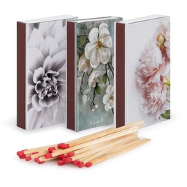 Box Matches, Long Wooden Matches, Strike on Box - Kitchen Matches - Decorative Candle and Fireplace Wood Matches- 3 Pack - 135 Matches Total (Flower Design)