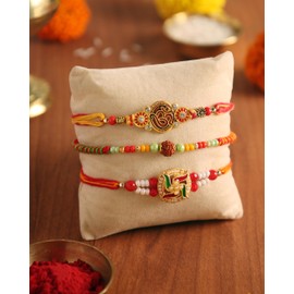 Raksha Bandhan Set of 3 Rakhi for Brother with Greeting Card and Roli Chawal | Om Rakhi for Brother Bhaiya Bhabhi | Traditional Rudraksha Rakhi for Small Brother Sister