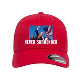Never Surrender Trump Shooting 2024 Printed Red Flexfit Hat Curved Brim MAGA (US, Alpha, Small, Medium, Red Curved)