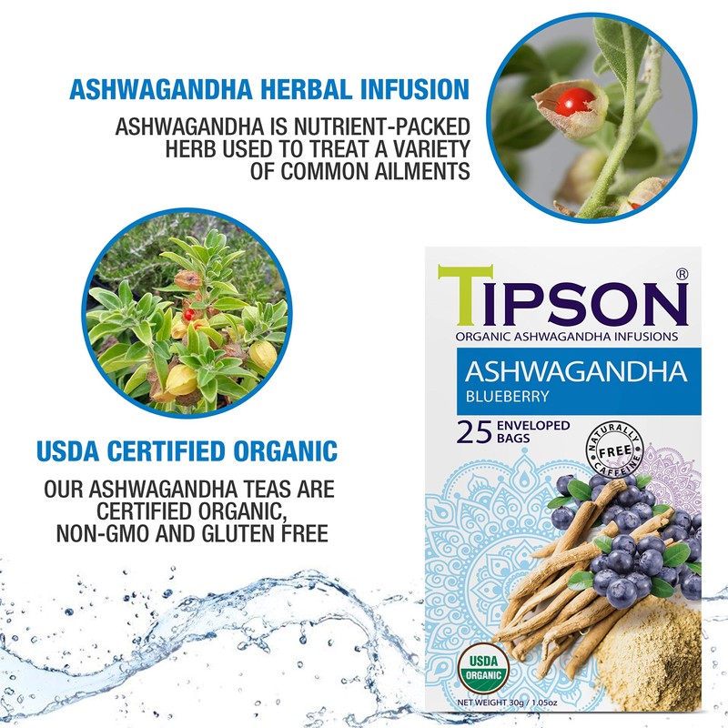 Tipson Organic Ashwagandha Tea Infusions - Blueberry - 25 Premium