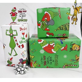 Grinch Christmas Wrapping Paper 5 Sheets, Green Christmas Movie Wrapping Papers Wrapping Paper Sheets for Kids Family Boys Girls (green)