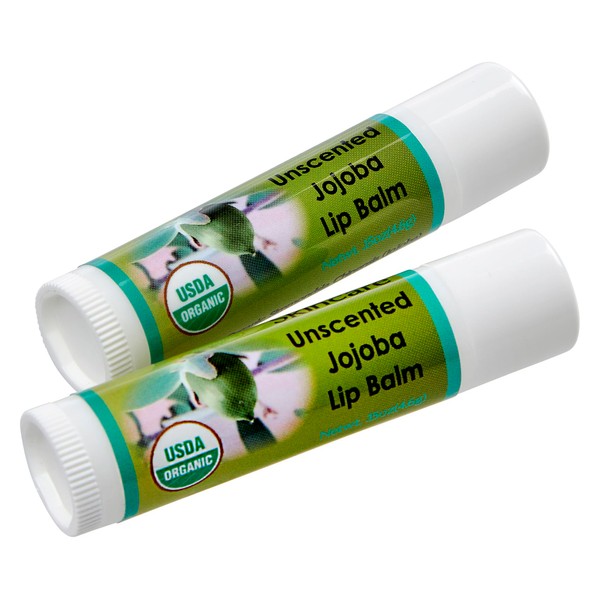 2 Pack Organic UnscentedLip Balms with over 70% Jojoba Oil. 100% Natural with Beeswax. Naturally Moisturizing. By Desert Oasis Skincare (.15 oz/4.6 gm)