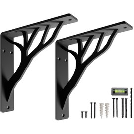Rustic Tree Shelf L Brackets by Balin Designs (Black) for 10”-12” Shelves - Heavy-Duty Decorative Metal Fireplace Mantel Bracket Supports - Easy Installation with Included Hardware - Set Of 2