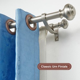 Brushed Nickel Double Curtain Rods 28 to 48 Inch, Decorative Double Window Treatment Rod with Urn Finials, Telescoping Double Rod Curtain Rods, 1-Inch Front and 5/8 Inch Back Double Window Drapery Rod