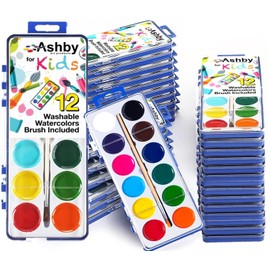 Ashby for Kids - 24 Pack of Watercolor Paint Sets - 12 Fun & Vibrant Colors Per Paint Tray - Washable - Nontoxic - Each Set Includes a Quality Wooden Brush.