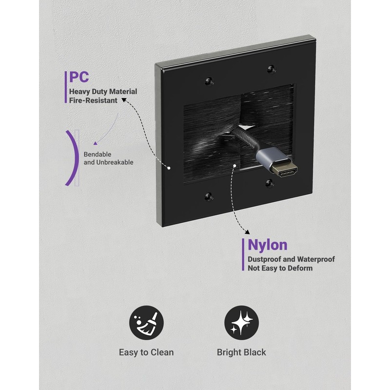 VCELINK 2 Gang Brush Wall Plate (Black, 2 Pack), Cable
