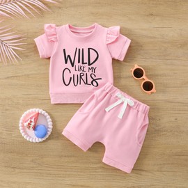 Douhoow Baby Girl Short Sets Wild Girl Letters T-shirt with Shorts Baby Girl Summer Clothes Toddler Girl Outfits (Pink, 6-12 Months)