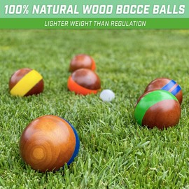 GoSports 100mm Hardwood Bocce Set with 8 Premium 12oz Wood Balls, Pallino, Case and Measuring Rope